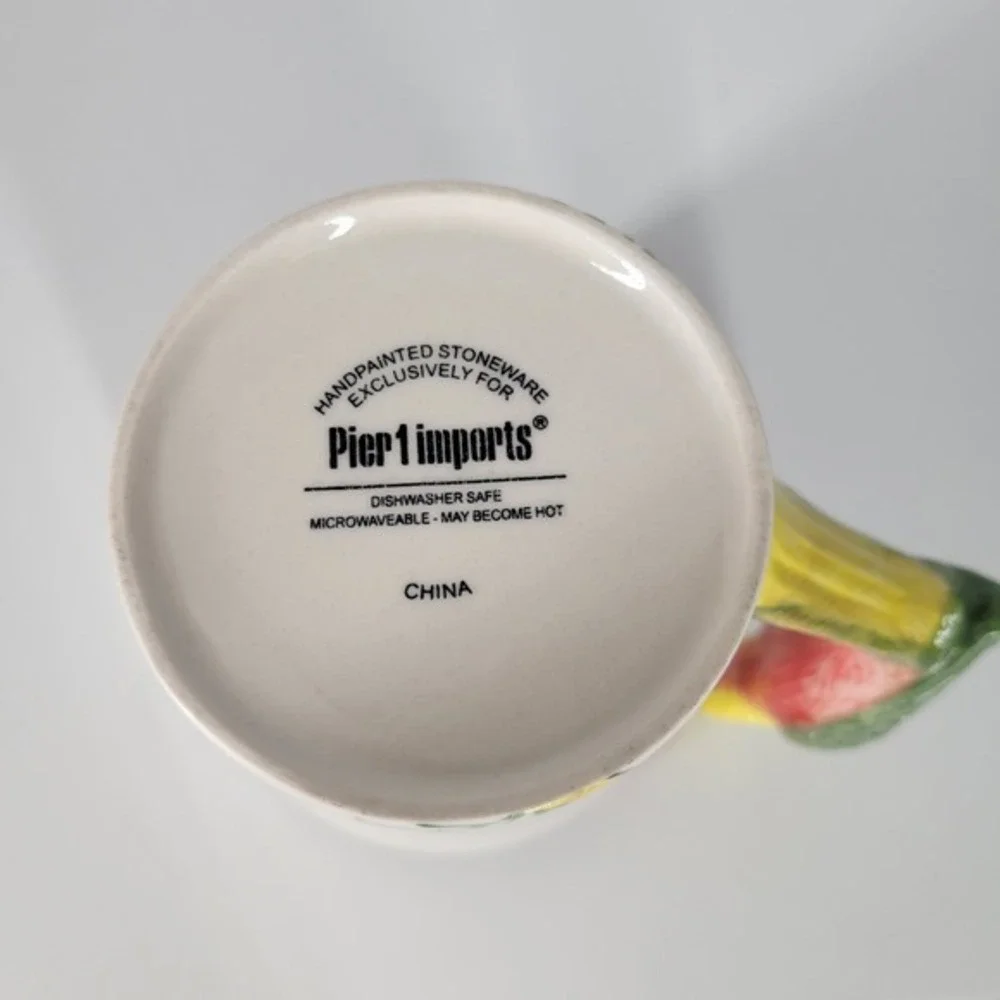 Pier 1 Imports Parrot Handle Mug Handpainted Stoneware Tropical Bird Coffee Cup